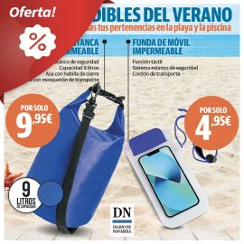 Protege tu móvil y pertenencias en la playa o piscina con esta oferta especial de Diario de Navarra. Bolsa estanca con cierre hermético y capacidad de 9 litros. Funda móvil impermeable con función táctil.