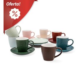 Aprovecha esta oportunidad y renueva tu juego de café con esta elegante y colorida colección de 8 tazas (de 205 ml de capacidad) y platos, fabricado en gres y apto tanto para lavavajillas como para microondas.